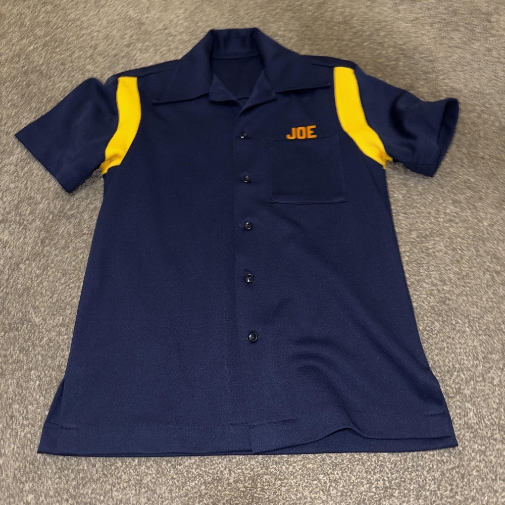 Vintage NAS CPO Bowling Shirt Mens Medium Navy Blue Yellow Button Flocked 70 80s